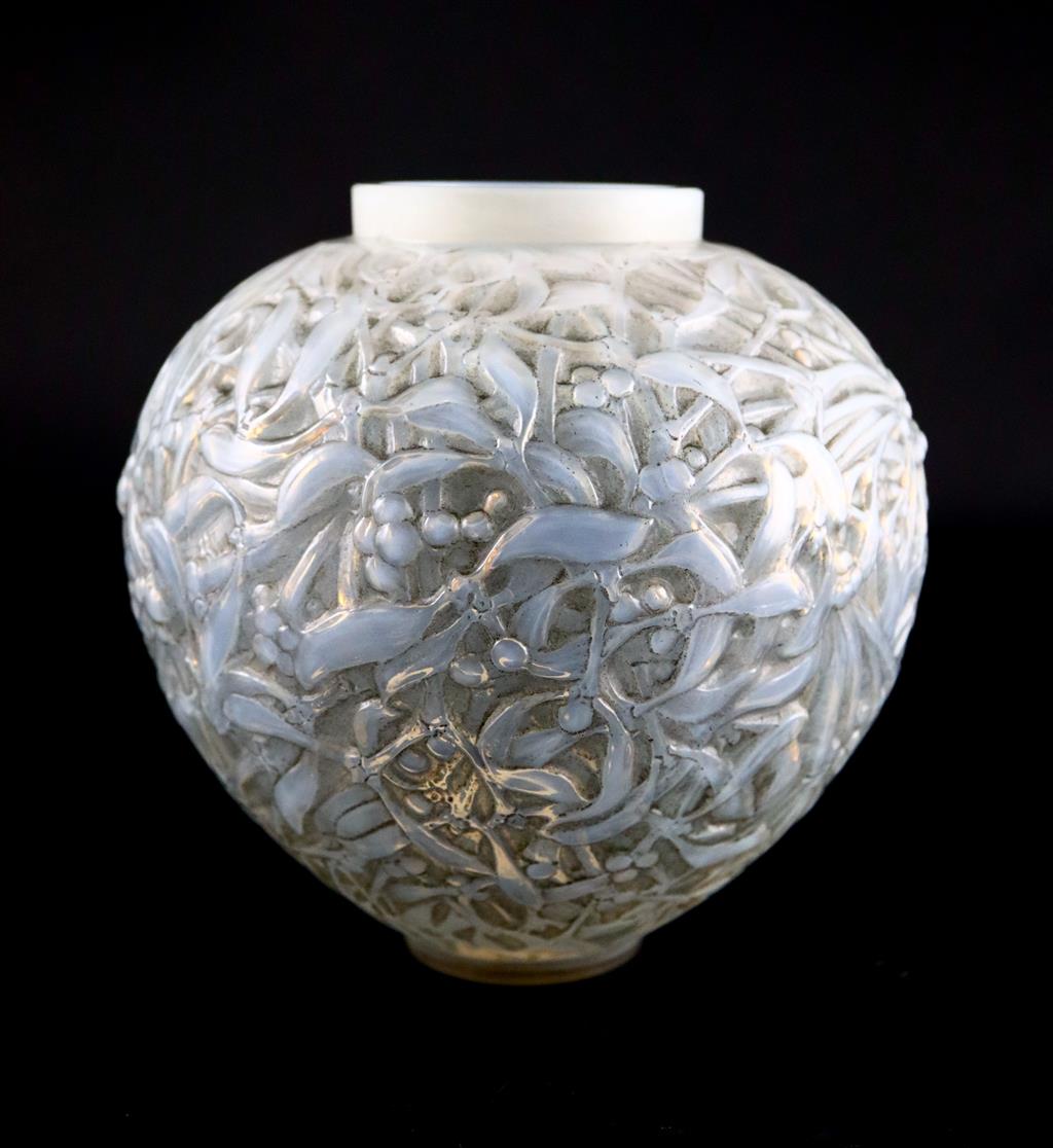 René Lalique. A sepia tinted opalescent glass Gui pattern vase, no.948, designed in 1920, 16.5cm high